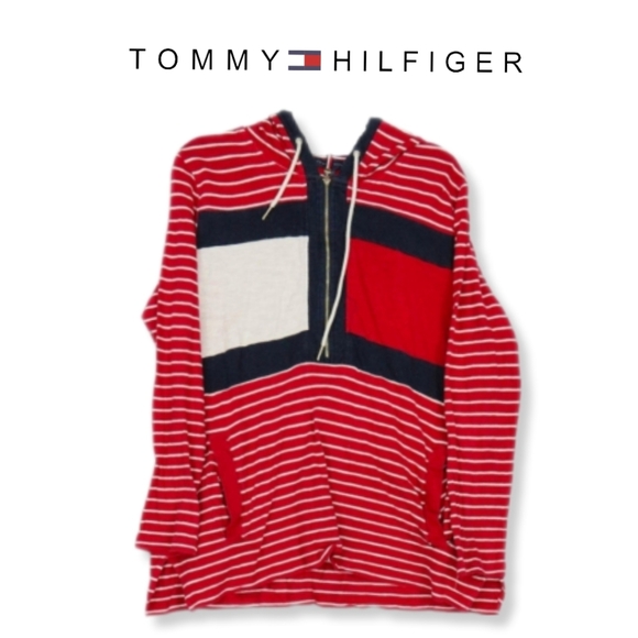 Tommy Hilfiger Women's Plus Size Striped hooded 3/4 zip Sweater - Picture 2 of 4